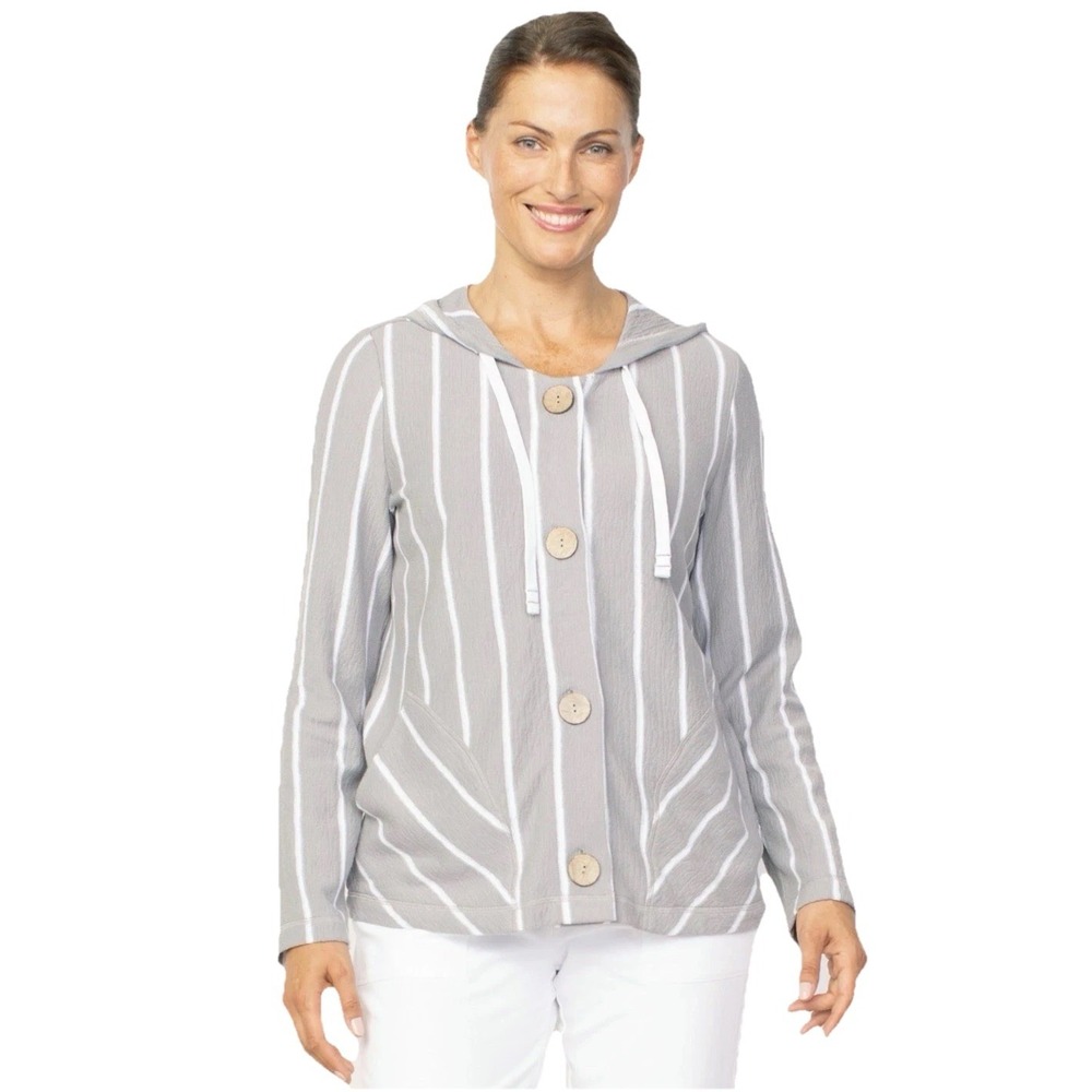 Habitat French‎ Terry Stripe Hoodie Large Gray Cotton Button Front Light Jacket